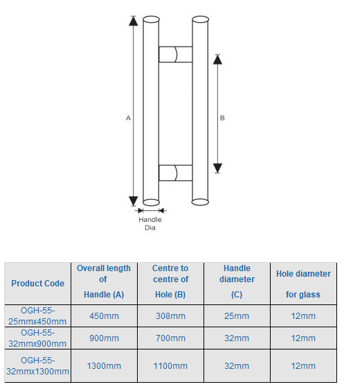 "H" Stainless Glass Door Pull Handles L:450 x CC:308 x Dia:25mm - QIC Ironmongery 