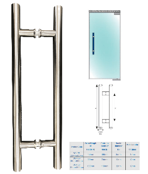 "H" STAINLESS GLASS DOOR PULL HANDLES L:900 X CC:700 X DIA:32MM - QIC Ironmongery 