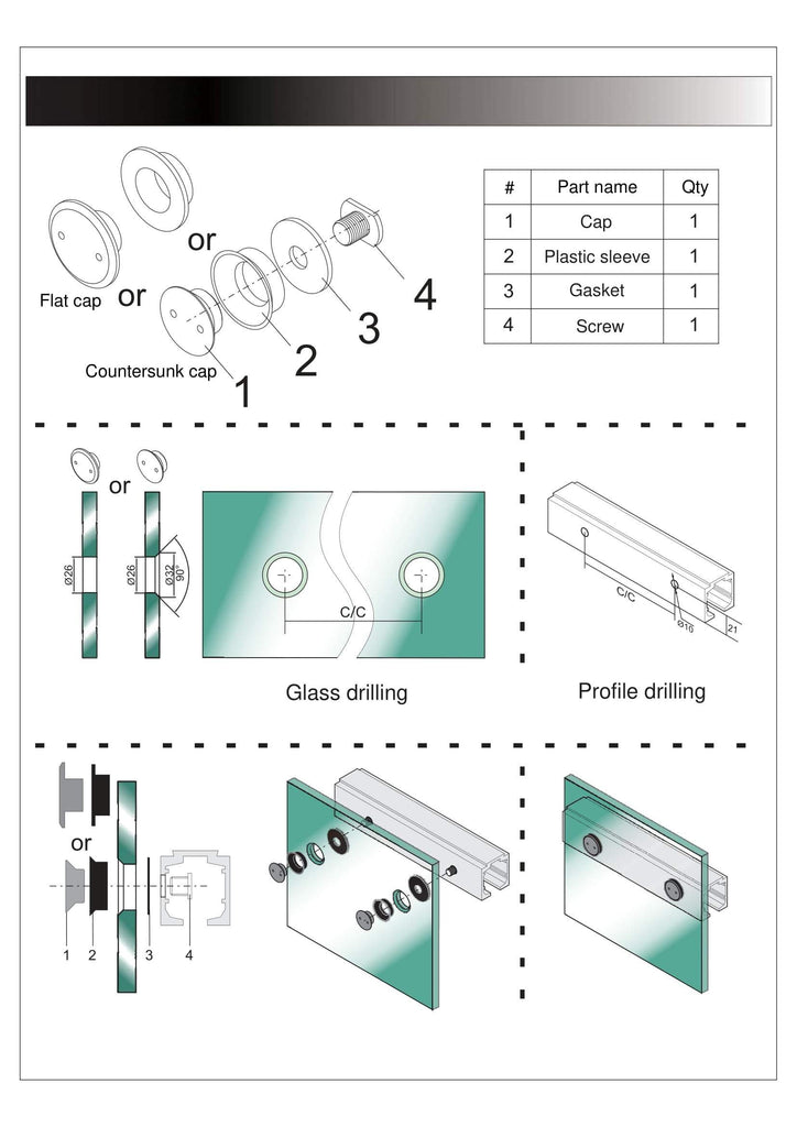 Flush Glass Panel Connectors For Ali Door Rail PK4 - QIC Ironmongery 