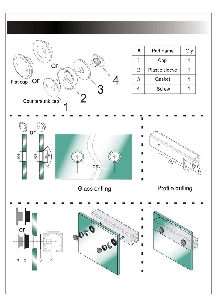 Raised Glass Panel Connectors For Ali Door Rail PK4 - QIC Ironmongery 