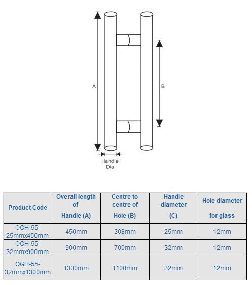 "H" STAINLESS GLASS DOOR PULL HANDLES L:900 X CC:700 X DIA:32MM - QIC Ironmongery 